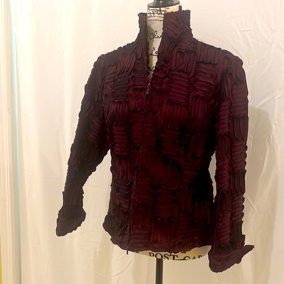 Samuel Dong sheer Ribbon front zip Burgandy Blazer large - Picture 2 of 6